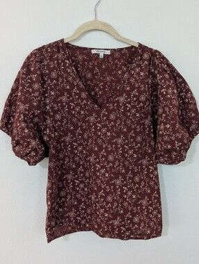 Madewell V Neck Puff Sleeve Floral Print Blouse Woven Burgundy Beige Small S